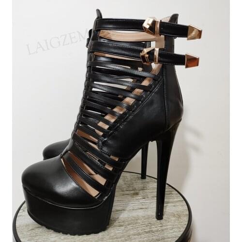 LAIGZEM Women Pumps Synthetic Leather Platform High Heels Back Zip Up Sandals Black Summer Shoes Woman Big Size 41 44 45 47