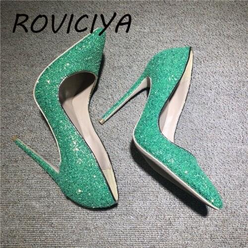 Green gretel bling PU leather 12cm high heeled lady pumps pointed toe woman party shoes slip-on OL shoes pumps LF019 ROVICIYA