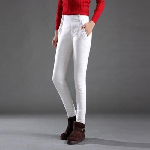 Women Double Face Down Padded Pencil Pants High Waist Slim Lace Warm Winter Pants Lady High Waist 90% White Down Trousers PT-129