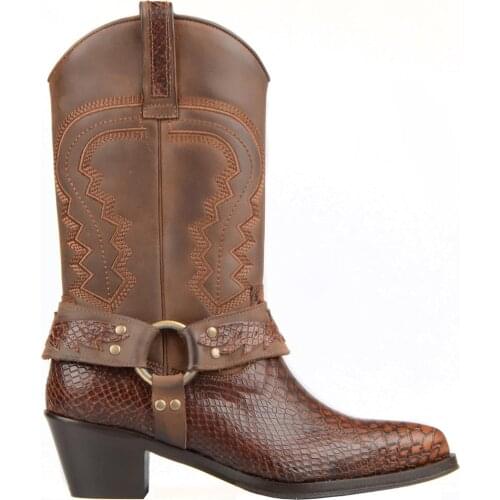 FootCourt- Brown Genuine Leather Classic Cowboy Boots For Women Snake Printed Real Leathers Buckle Mid Calf Pointed Toe Handmade