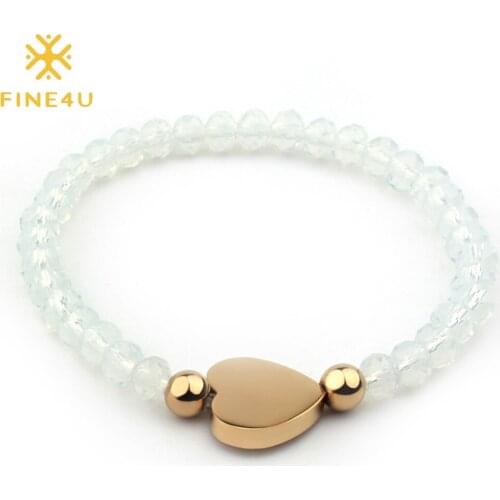 FINE4U B179 Gold Color Stainless Steel Heart Charm Bracelet For Women Adjustable Glass Beaded Bracelets Crucifix Rosary Jewelry