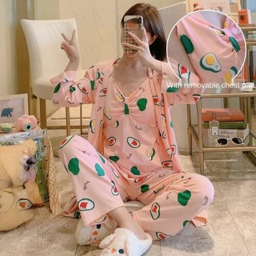 Women Pajamas Set Sling Cotton Pajamas 3 Peices Sleepwear for Women Long Sleeves Breathable Sexy Robe Homewear Sexy Top+ Pant