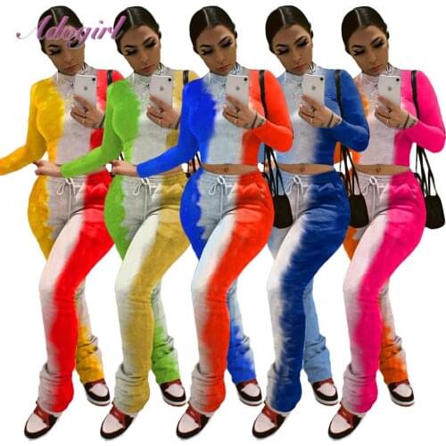 Fitness Tie Dye Two Piece Sets Women Casual Patchwork Long Sleeve Crop Tops T-Shirt Leggings Stacked Pants Set Outfit Tracksuit