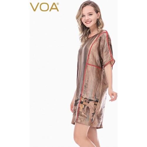 VOA Silk Satin Architectural Pattern Brown Round Neck Dresses AJ7 Five-minute Sleeve Red Edging Bohemian Summer Dress for Women