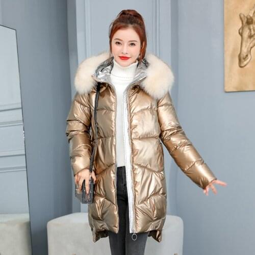Winter Solid Parkas for Woman Casual Thick Ladies Jackets Hooded Fur Loose Female Puffer Coats Shiny Padded Cotton Women Parkas