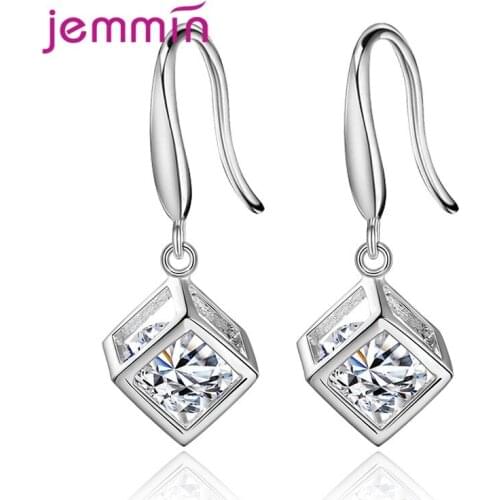 Genuine 925 Sterling Silver Dangle Earrings Dazzling Zircon Inserted In Cube Pendant Drop Earrings For Women Shiny Jewelry