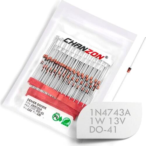 100 Pcs) 1N4743A 1N4743 Power Zener Diode 1W 13V DO-41 (DO-204AL) Axial 1 Watt 13 Volt IN 1N 4743A IN4743A