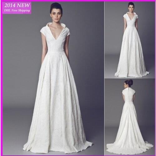 2019 nova branco Exquisite a linha Sexy V Cap Neck Sleeve Lace vestidos de casamento Custom-made UV-157