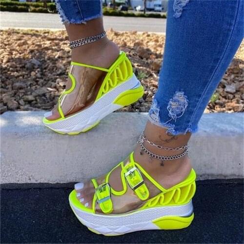 2021 Summer Women Transparent Sandals Ladies Platform Wedges Sandals Fashion Casual Double Buckle Straps Outside Sandalias Mujer