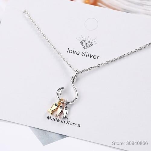 925 sterling silver Necklace For Women Cute Fish and Fish Hook Necklace Colar de Prata Chain Jewelry S-N376