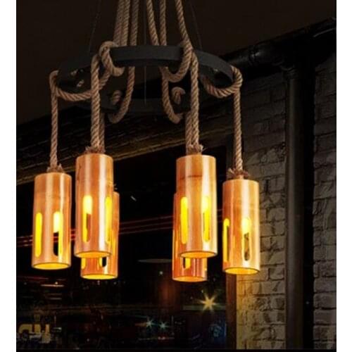 American Village Mahjong Bamboo Tile Iron cafe Pendant Lights Bamboo Industrial Retro Restaurant Light Bar 3/6/8 Head LU724206