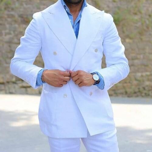Sumer White Business Men Blazer 2 Piece Beach Groom Tuxedos For Wedding Formal Prom Suit (Jacket+Pants) Chic Streetwear