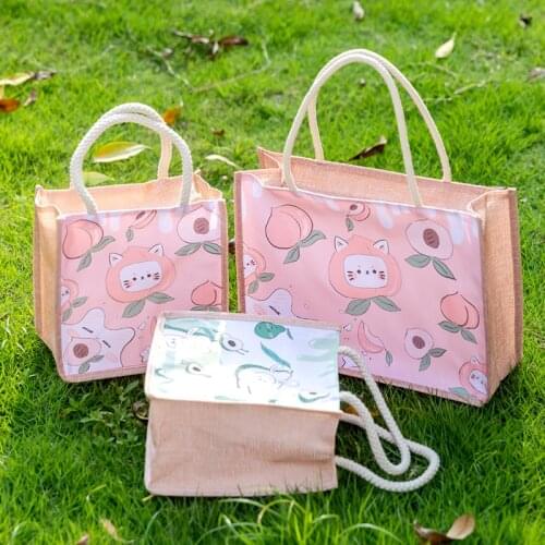 Cartoon imitation hemp bag large canvas zipper tote bag large capacity eco-friendly shopping bag girl wild hand bag