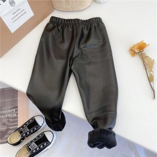 Girls PU Leather Pants plus Velvet Thickening Autumn and Winter 2020 New Childrens Long Pants Medium and Large Childrens Leggi