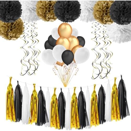 Black White and Gold Party Decorations with Balloons Tassel Garland and Paper Pom Poms for New Years Eve Halloween Wedding