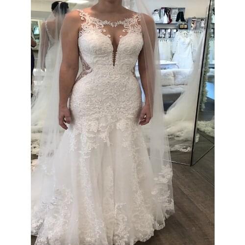 Cornaboutik Fit and Flare Lace Tulle Deep V-neckline Low Back Beadwork Vestidos De Novia Custom Size Bridal Gowns