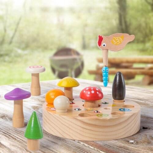 Baby Wooden Montessori Toy Magnetic Fishing Toys Mushroom Forest Catch Worm Game Educational Puzzle Toys For Children Child Gift