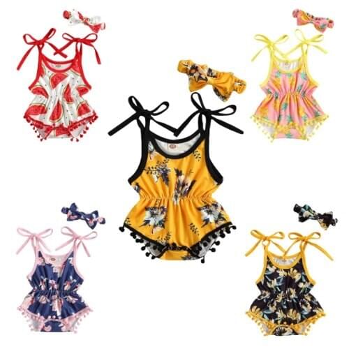 Newborn Baby Girl Floral Tassel Romper Sleeveless Strap Bodysuit Pompom Jumpsuit Outfit Set with Headband