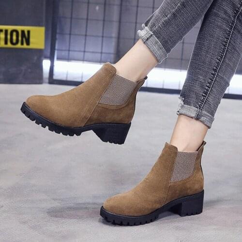 Fad New Autumn Short Ankle Boots Female Thick High Heels Martin Boots Winter Suede Students Slip on Boots Women Shoes Woman