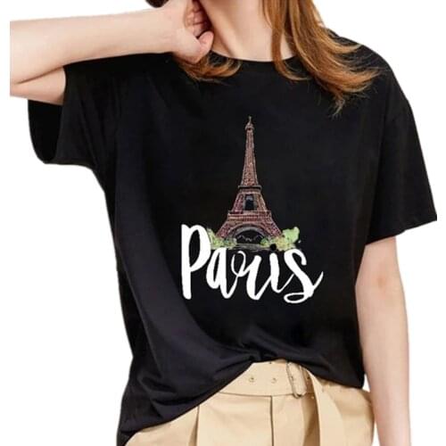 Summer Womens Clothing Paris Graphic T Shirt Fashion Tops Base O-neck Black Tees T-Shirts For Girls Short Sleeve Tshirts