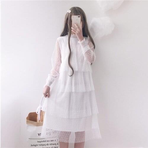 Sweet Women Mid-Calf Net Yarn Cake Dress Fresh Girls Lantern Sleeve Women Fashion One Piece Fairy Kei OP Apricot&White