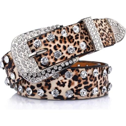 Fashion Women Leopard Rhinestone Inlaid Soft Faux Leather Belt Buckle Waistband