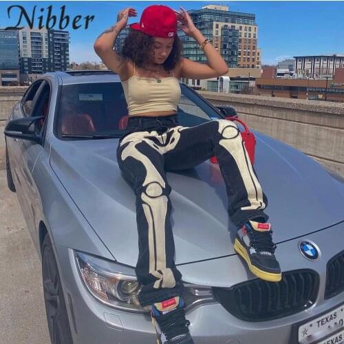 Nibber New Fall Black Cropped Trousers Skeleton Trend Print Pants Personalized Fashion Street Series For Women Outing Clubwear