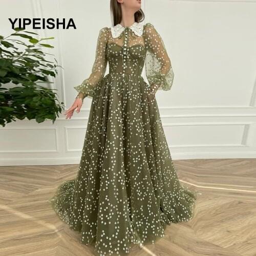 2021 New Green Daisy Tulle Prom Dresses Long Sleeves Buttoned Prom Gowns with Pockets A-Line Wedding Party Dresses