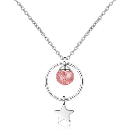 Pink Strawberry Fashion Trend Crystal Fresh Cute Pentagram Circle silver plated Necklace SE007