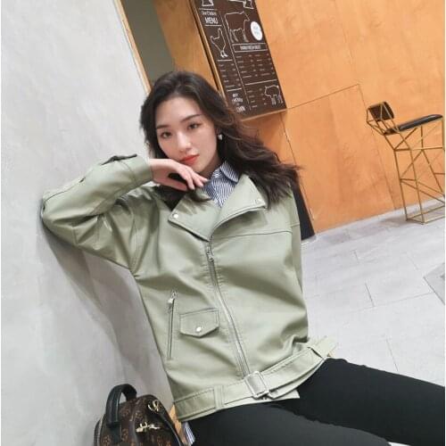 Streetwear Pu Leather Jacket With belt Women Fall Fashion Avocado Green Motorcycle Coat Short Faux Biker Jacket Soft Coat Female