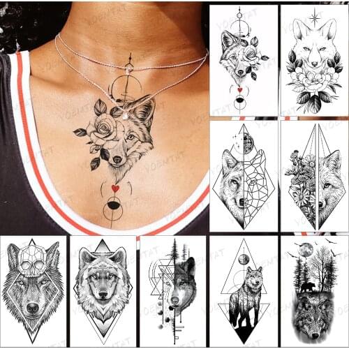 Waterproof Temporary Tattoo Sticker Geometry Black Wolf Fox Forest Moon Flower Flash Tatoo Fake Tatto For Body Art Women Men