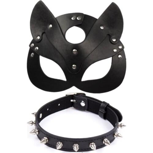 Sex Products for Women Black Leather Eye Mask and Collar Hollow Out Halloween Cosplay Costumes Sex Mask Blindfold Bdsm Collar