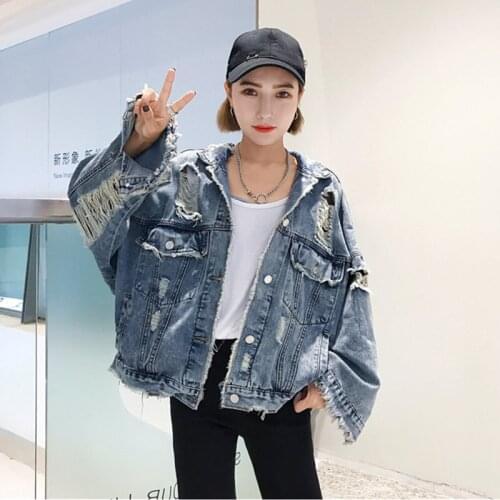 Net Red Denim Jacket Womens 2021 Spring Autumn New Korean Fashion Loose Holes All-Match Casual Retro Cowboy Coat Female A500