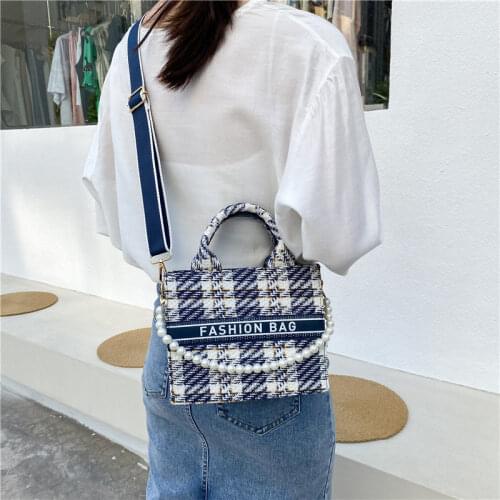 Womens Shoulder Bag Square Vintage Flowers Plaid Pearl Chain Luxury Crossbody Handbags Wholesale 2022 New Fashion Female Bags