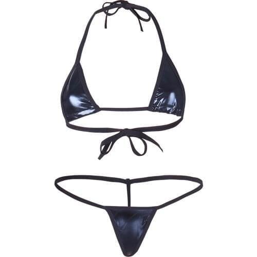 Women Two Piece Bikini Set Sexy Lingerie Suit Patent Leather Halter Micro Bra Tops with G-string Thong Bottoms Underwear Sets
