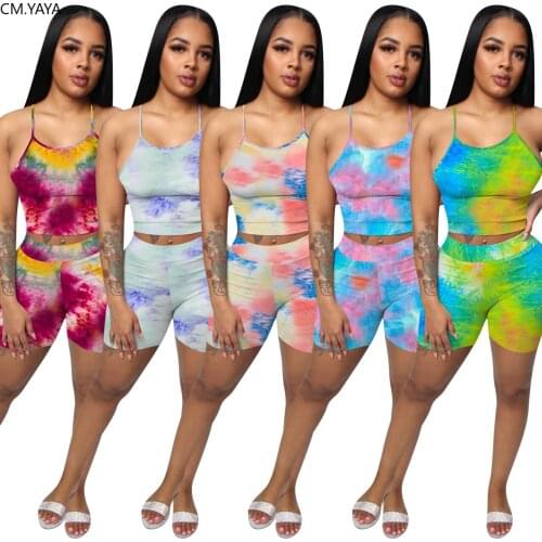 2020 Women Two Pieces Sets Summer Tracksuits Strap Tie-dye Print Tops+Jogger Shorts Suit Club Leggings Sexy Fitness Outfit GL122