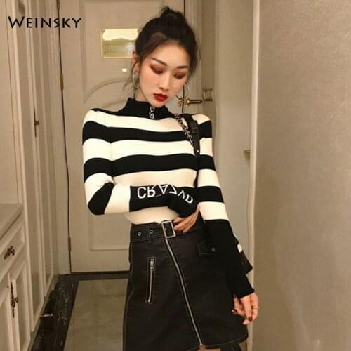Women Striped Knitted Sweater And Pullovers Korean Fashion Style Turtleneck Jumper Sweaters 2019 Autumn And Winter New Tops
