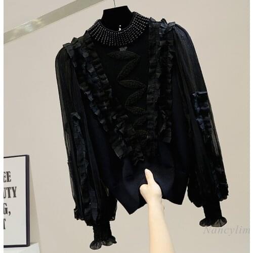 Beaded Turtleneck Sweater Women Retro Lantern Sleeve Hollow-out Long Sleeve Knit Top Slim Fit Nancylim Fermale Clothes Top