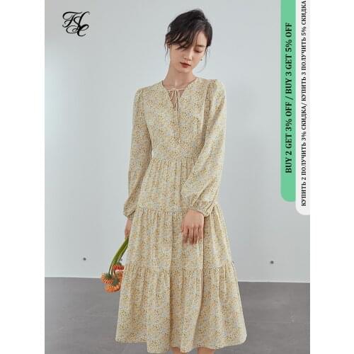 FANSILANEN Vintage Yellow Floral Print Long Dress Women Long Sleeve Boho Beach Dress Female V Neck Bandage Spring Summer Dress