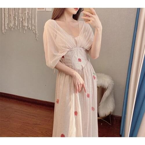 2021 New French Style Rose Printed Women Retro Long Dresses Summer Dot Elegant Bodycon Prom Clothes Dress Lady Vestidos