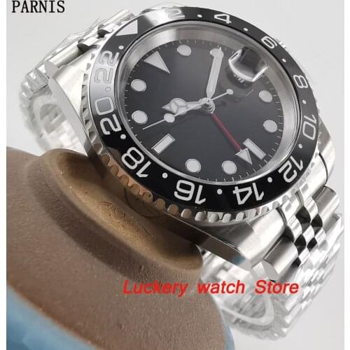 40mm Parnis Mens Watch black dial Ceramic Bezel GMT luminous marks date sapphire glass automatic PA70