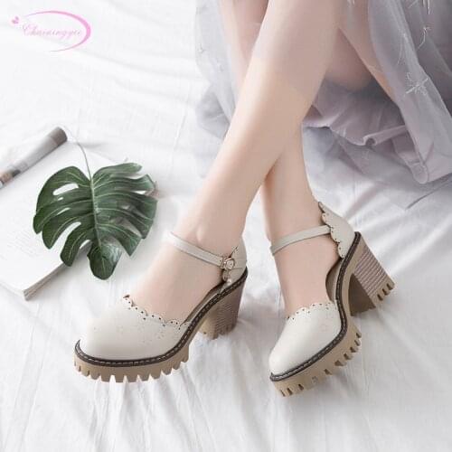 Korean sweet style comfortable round toe summer sandals fashion ruffles buckle strap platform thick high heels womens shoes