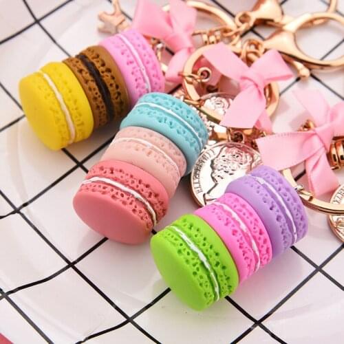 Macaron dessert Resin Biscuit Keychains Lovely Tower Charms Key Chains Pink Bow Metal Keyring Car Key Ring Fashion Jewelry Gifts
