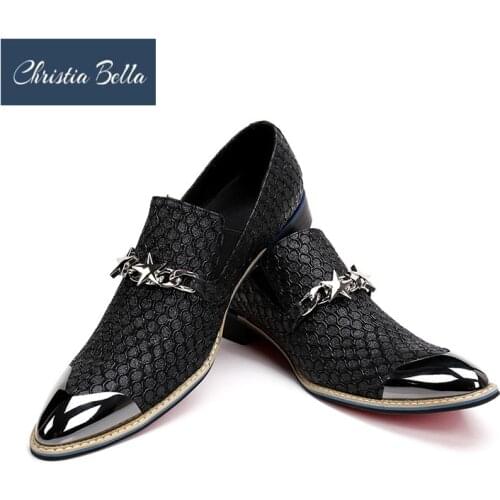 Christia Bella Brand Designer Mens Luxury Fashion Dress Shoes with Star Chain Buckle Gold Black Bling Bling Evening Party Shoes