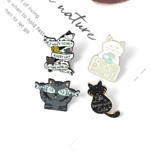 Cute Cats And Fish Enamel Pin I WORK HARD Badge Custom Kitten Brooches Lapel pin Jeans shirt Bag Cute Animal Jewelry Gift