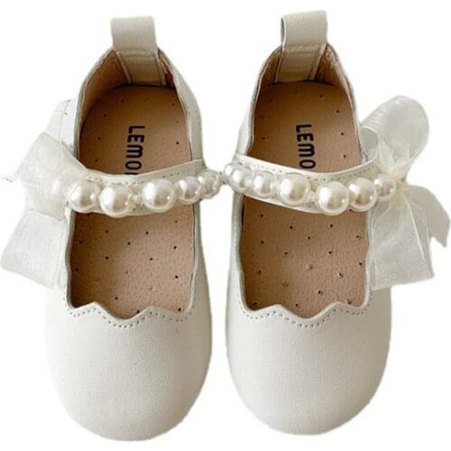 CUZULLAA Children Leather Shoes 1-6 Years Autumn Baby Girls Bead Pearl Mary Janes Shoes Kids Princess Dress Shoes 21-30