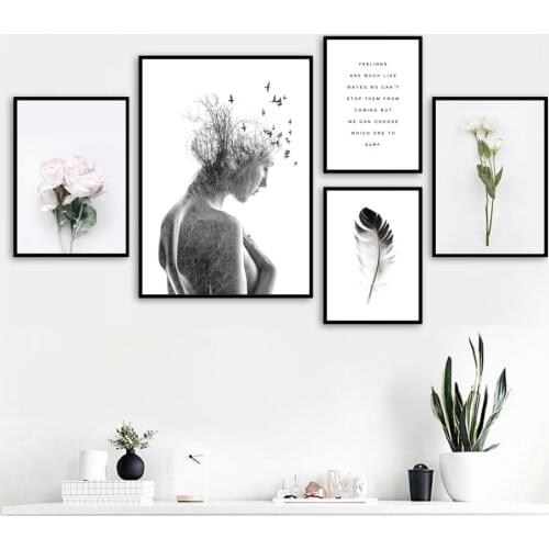 Girl bird Flower Feather Landscape Quotes Wall Art Canvas Painting Nordic Posters And Prints Wall Pictures For Living Room Decor