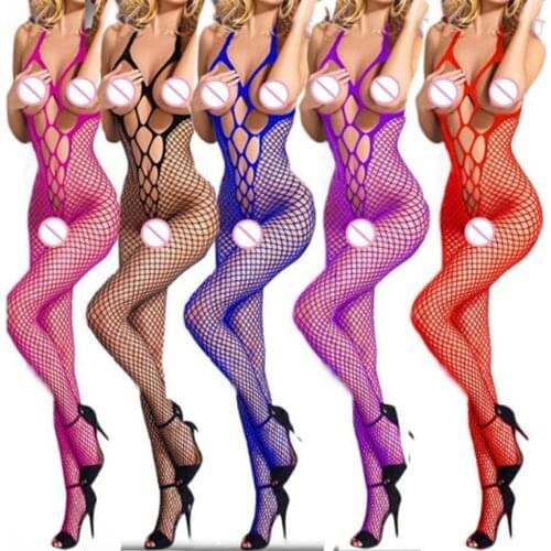 Erotic Fishnet Bodysuits Halter Plus Size Women Transparent Open Crotch Sexy Costumes Body Stockings Mesh Tights Porno Lingerie