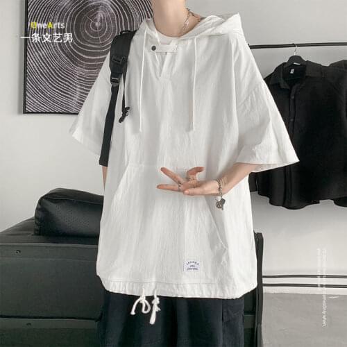 Oversized T-shirts Men Hooded Short Sleeve O-neck Summer Loose Black Harajuku Streetwear Japanese Style Cotton Couple Clothes