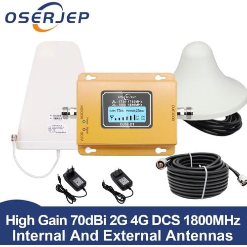 GSM LTE 1800 LCD 70dB 2g 4g Cell Phone Signal Repeater DCS 1800MHz Mobile Amplifier GSM Signal Booster + LPDA /Panel Antenna